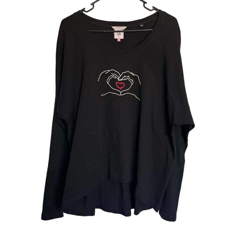 Cabi Love You Tee Embroidered Hand Heart Stitching Black Long Sleeve Size L 4197
